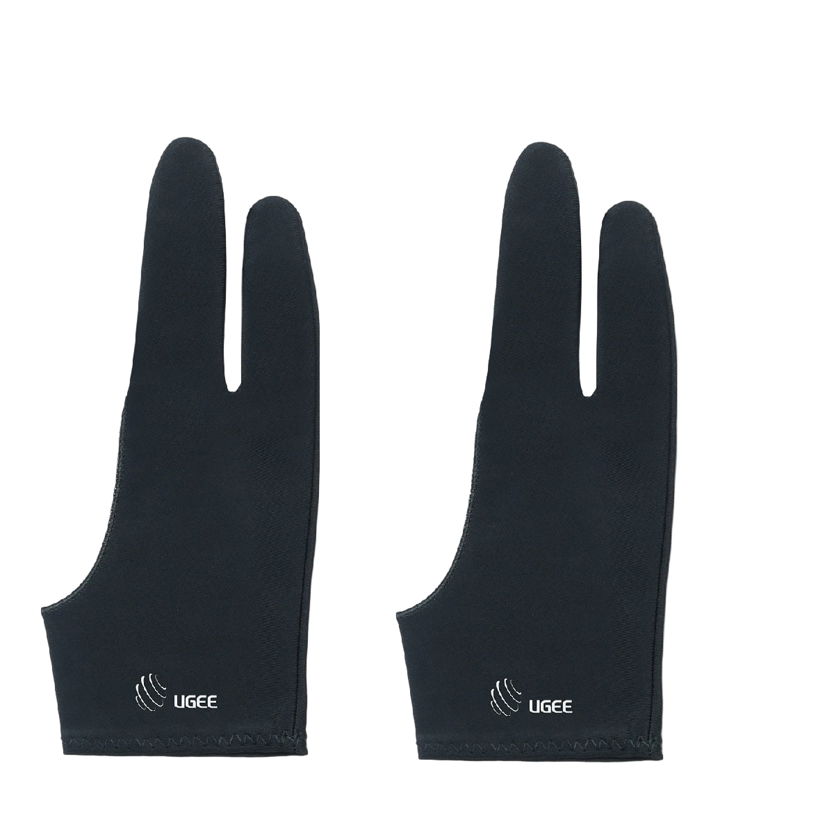 A pair of black ugee artist gloves designed for digital drawing, covering the hand and fingers with the brand logo visible.