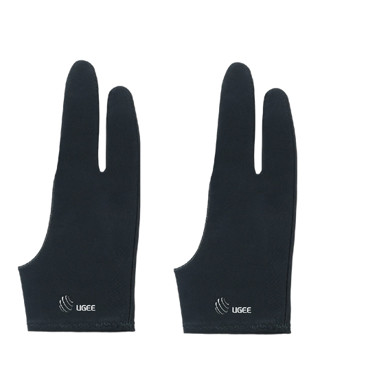 A pair of black ugee artist gloves designed for digital drawing, covering the hand and fingers with the brand logo visible.