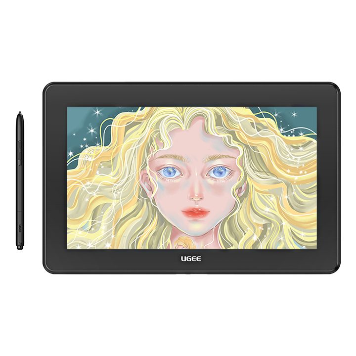A ugee 15.4″ Drawing Monitor U1600 with a stylus, displaying a colorful graphic of a character on its screen.