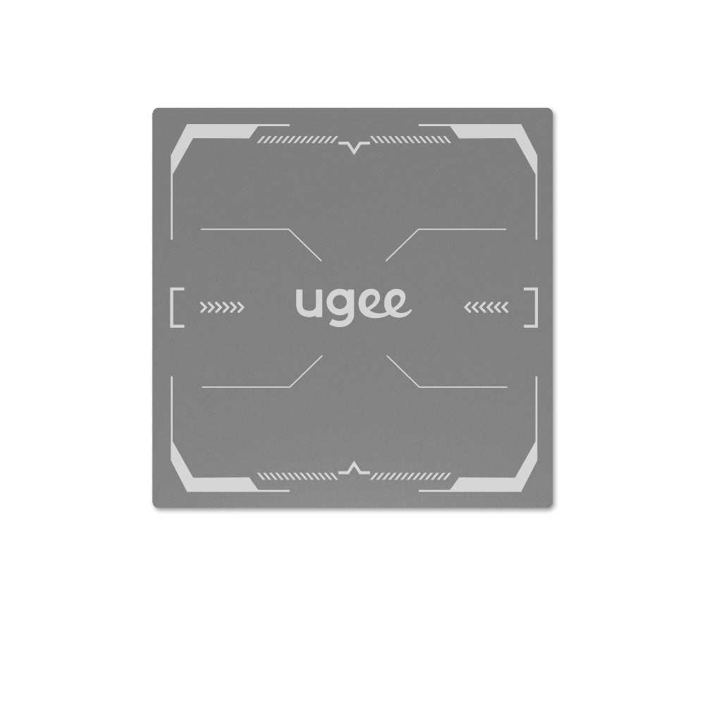 A square gray product card or packaging insert with rounded corners, featuring the brand name 'ugee' in white lowercase text at the center, surrounded by subtle futuristic line graphics, on a plain white background.