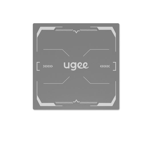 A square gray product card or packaging insert with rounded corners, featuring the brand name 'ugee' in white lowercase text at the center, surrounded by subtle futuristic line graphics, on a plain white background.