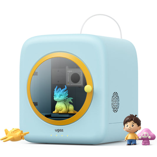 A light blue 3D printer with a yellow circular window frame and a transparent viewing panel, shown on a white background. A small blue dragon figurine is printed inside the machine.