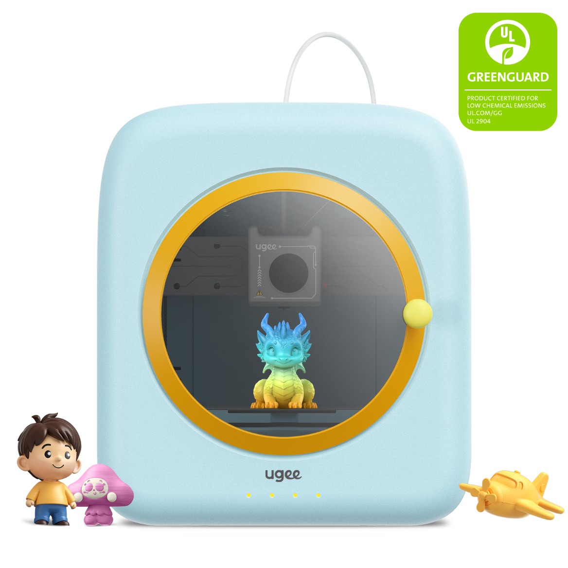 A light blue Ugee mini 3D printer shown with a yellow circular window and a colorful printed dragon inside. The product is displayed on a clean white background with a green GUARANTEED CHEMICAL-free certification badge in the top right and small printed/drawn product examples at the bottom corners.