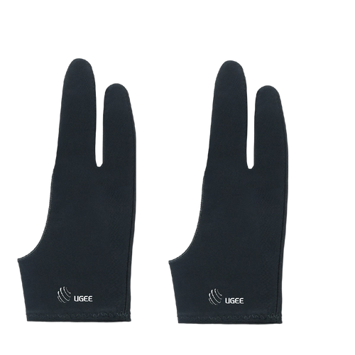 A pair of black ugee artist gloves designed for digital drawing, covering the hand and fingers with the brand logo visible.
