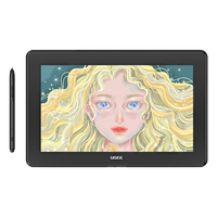 A ugee 15.4″ Drawing Monitor U1600 with a stylus, displaying a colorful graphic of a character on its screen.