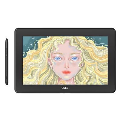A ugee 15.4″ Drawing Monitor U1600 with a stylus, displaying a colorful graphic of a character on its screen.